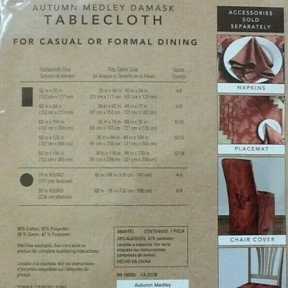 new in pkg SPICE-color Autumn Medley Damask 60x104 inch Tablecloth - Seats 6 o 8